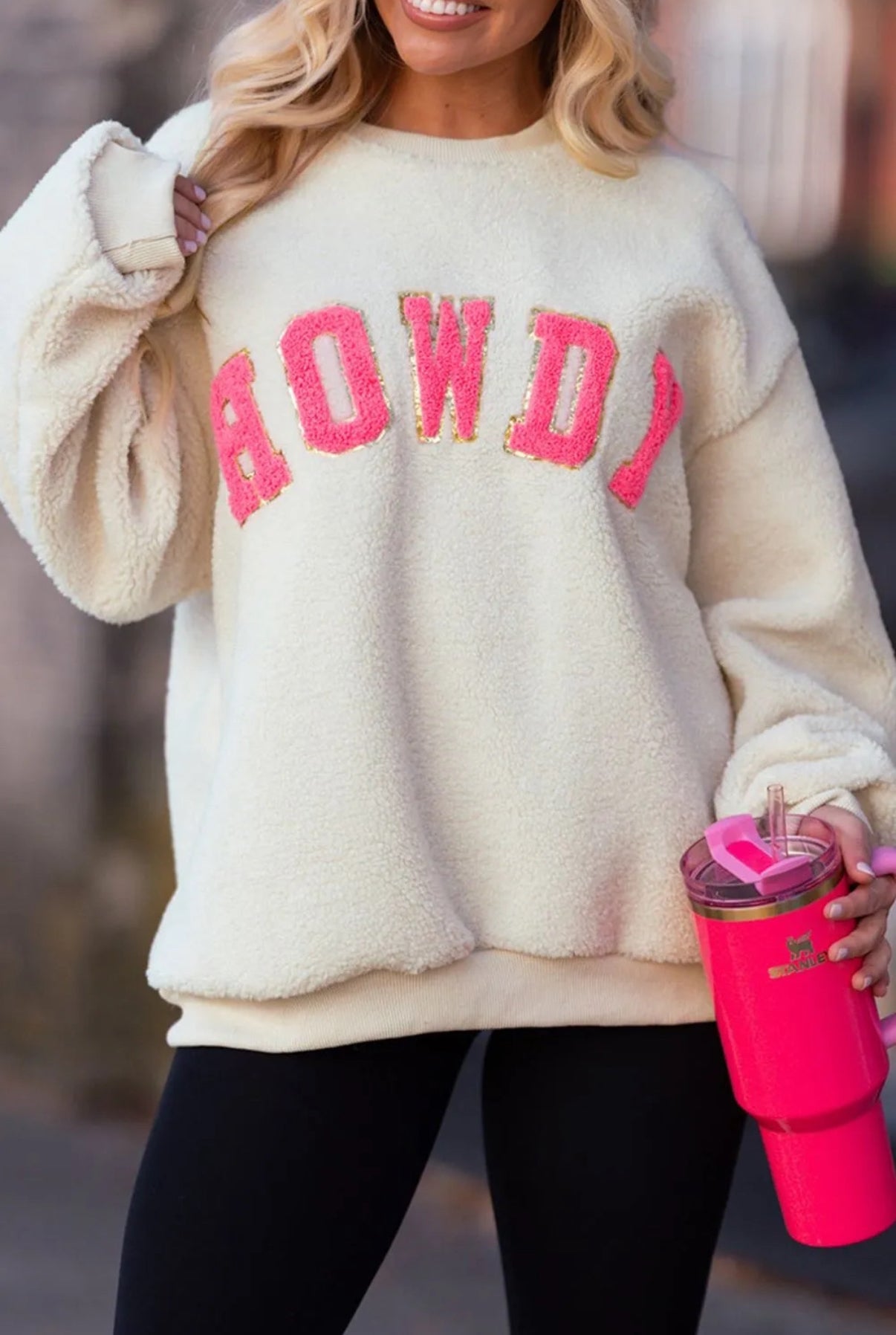 HOWDY Patched Round Neck Sherpa Sweatshirt