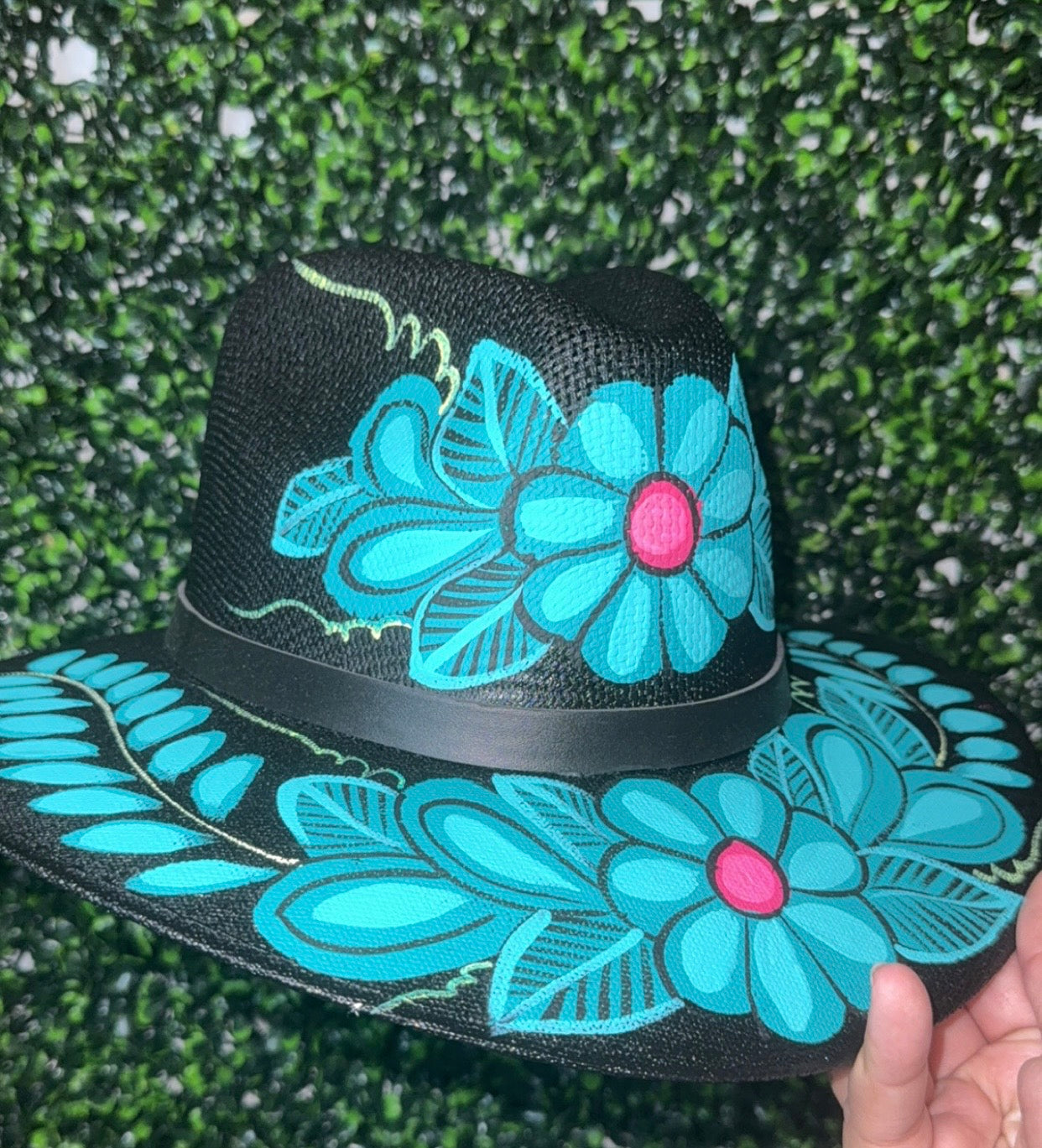 Turquoise Flower Hand painted Hat