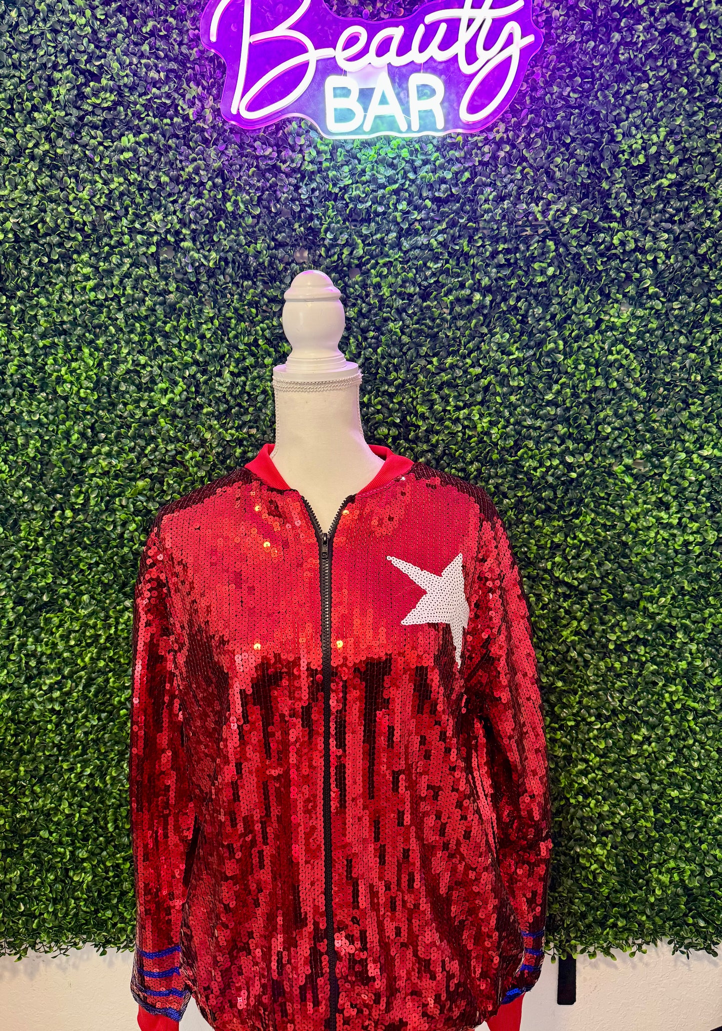HTX Red Sequin Bomber Jacket