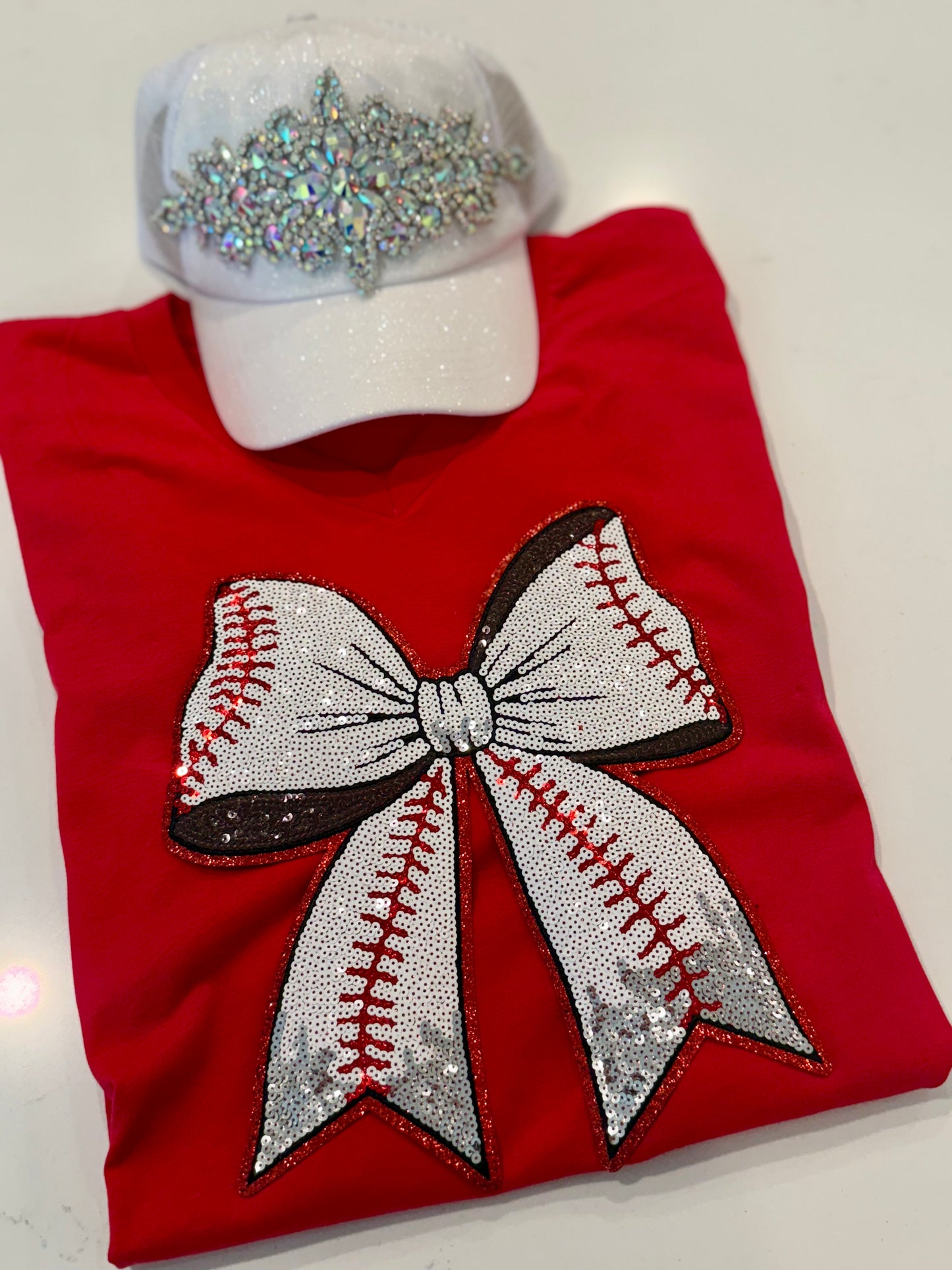 Baseball Sequin Bow V Neck Tee