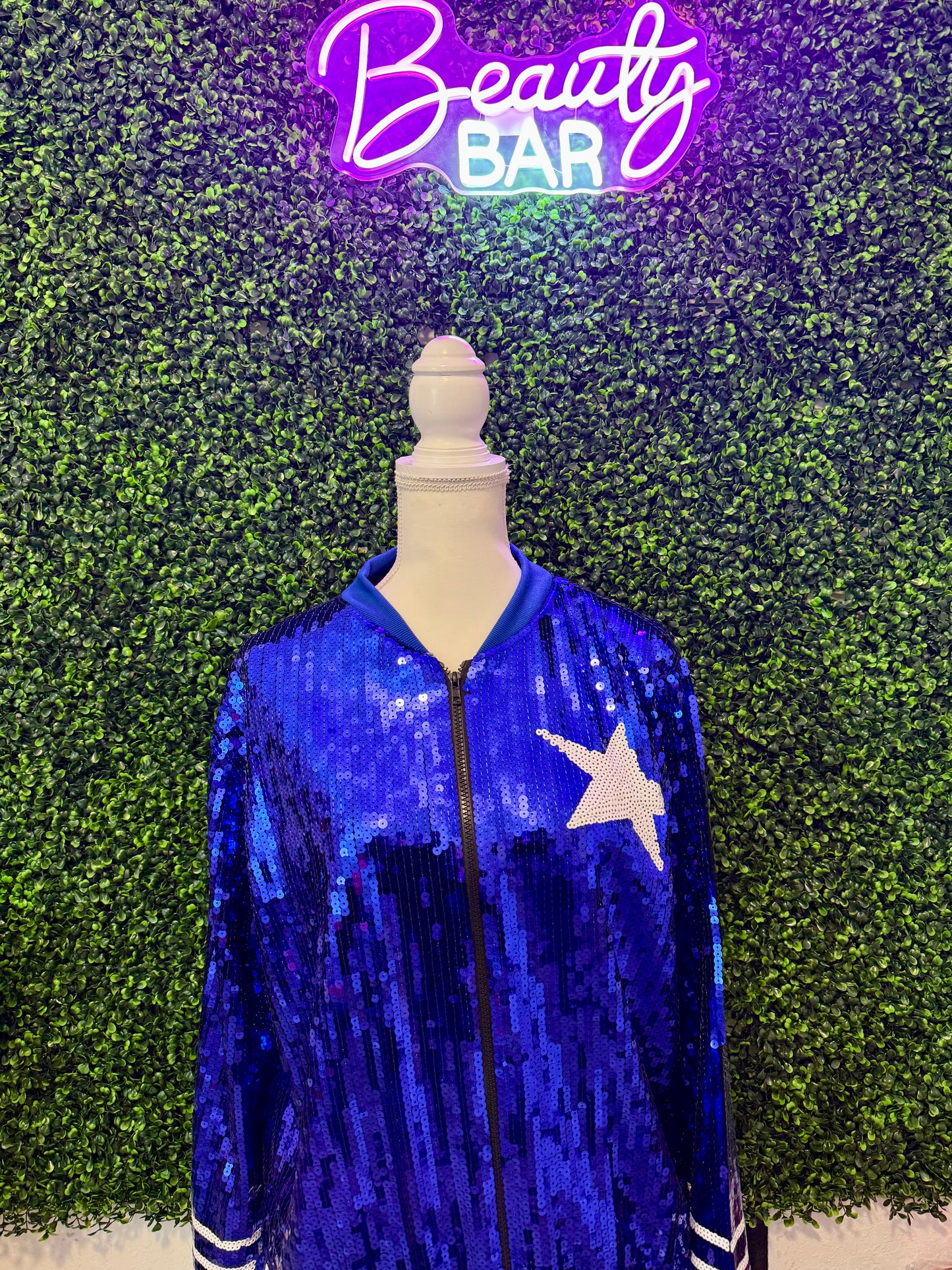 HTX Blue Sequin Bomber Jacket