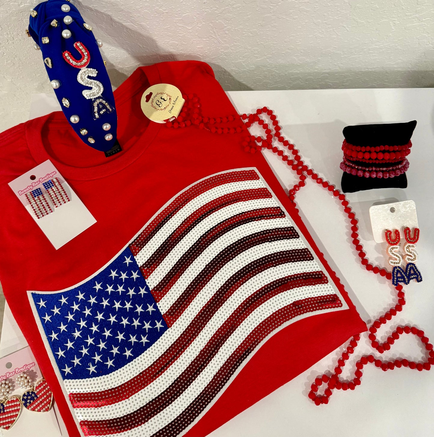 American Flag Sequin Patch Tee