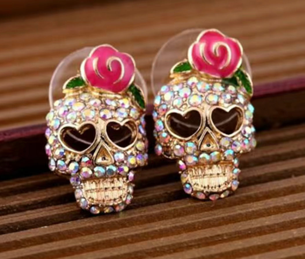 Rosé Rhinestone Skull Stud Earrings