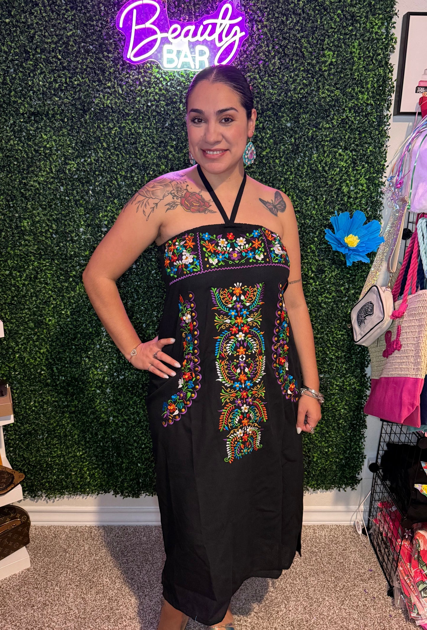 Fiesta Floral Strapless/ Halter Dress- Black