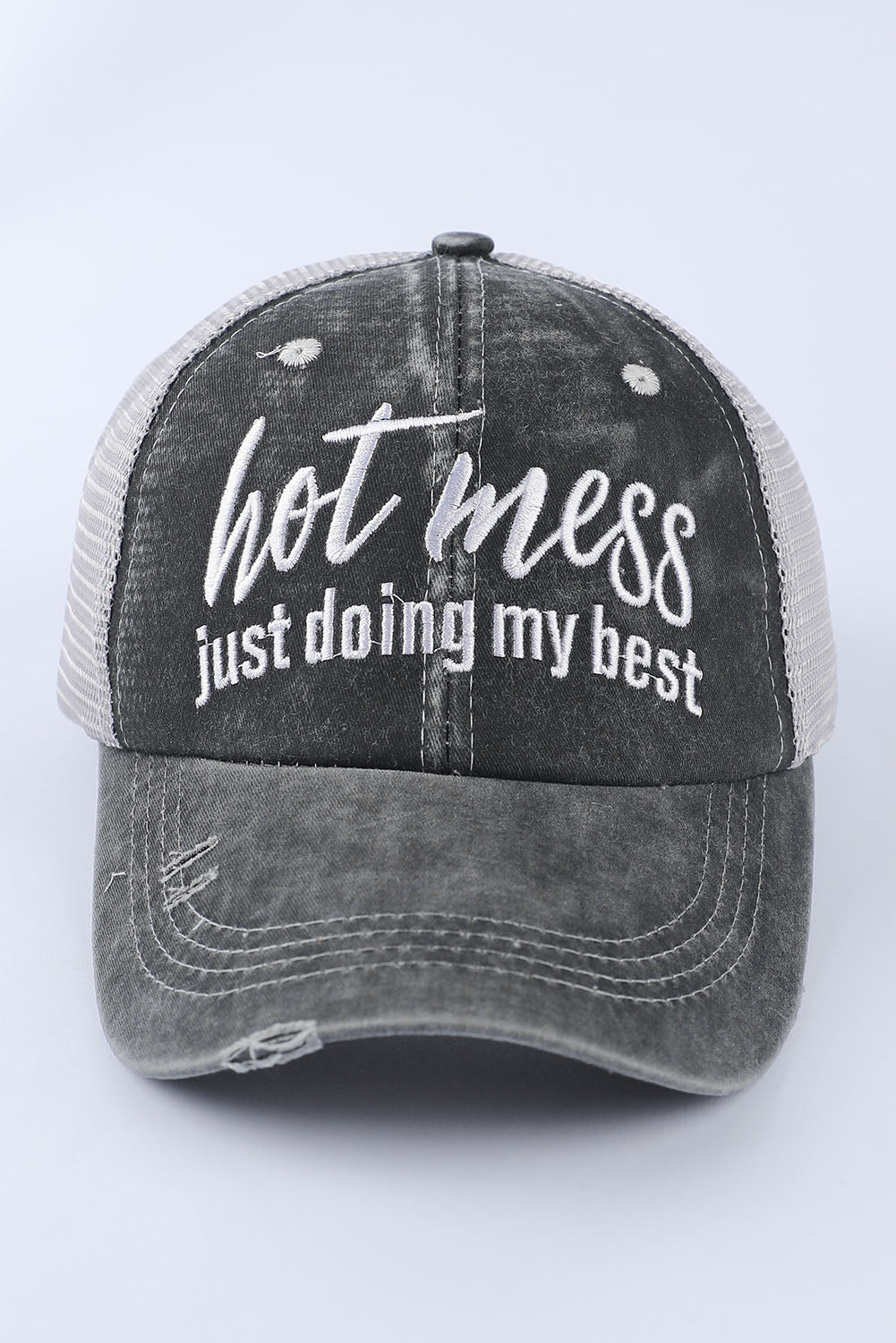Hot Mess Embroidery Mesh Crisscross Back Baseball Cap