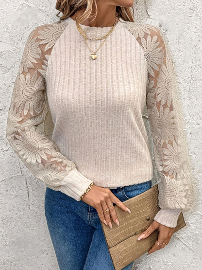 Round Neck Lace Patchwork Long Sleeve Top