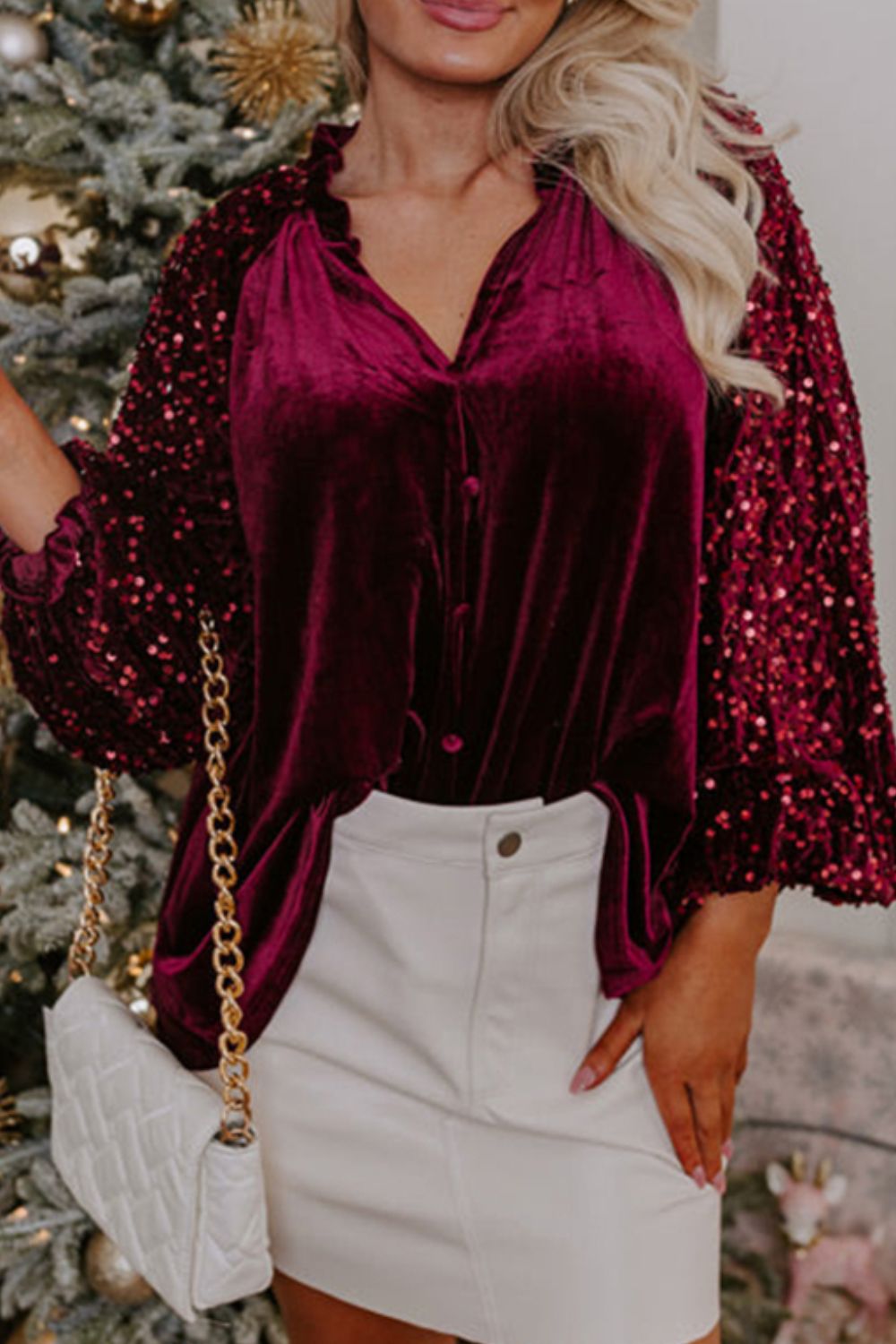 Pre-Order Sequin Notched Long Sleeve Blouse