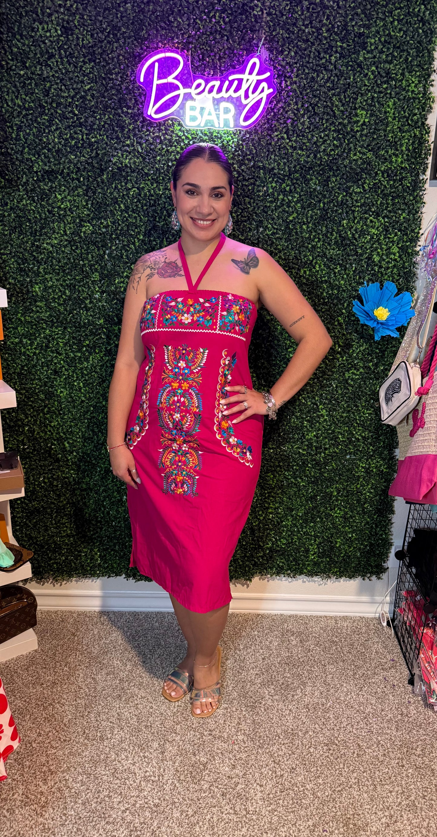 Fiesta Floral Strapless/ Halter Dress- Pink
