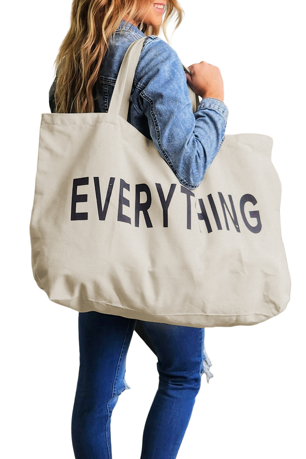 EVERYTHING Letter Print Large Canvas Tote Bag