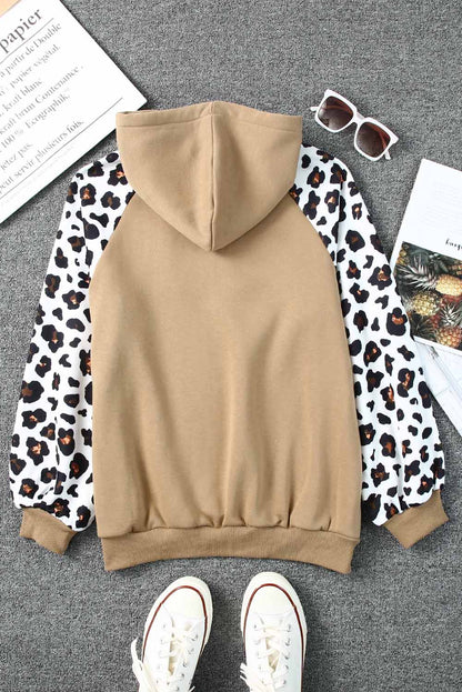 Khaki Leopard Bishop Sleeve Drawstring Hoodie