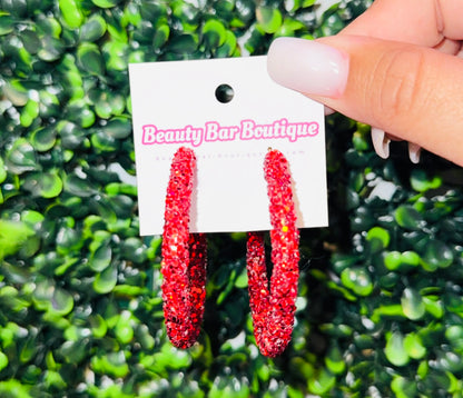 Red Glitter Hoop Earrings