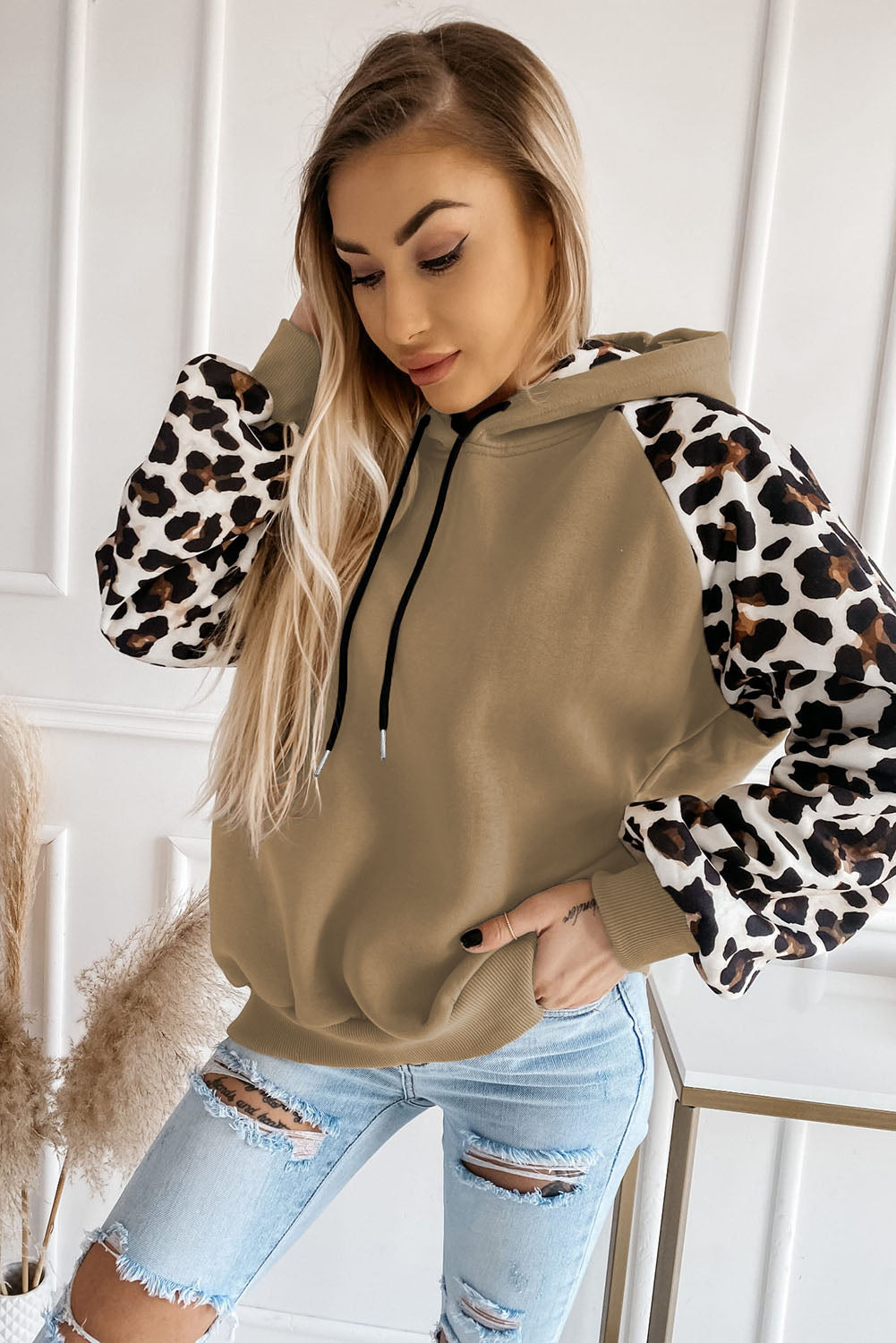 Khaki Leopard Bishop Sleeve Drawstring Hoodie