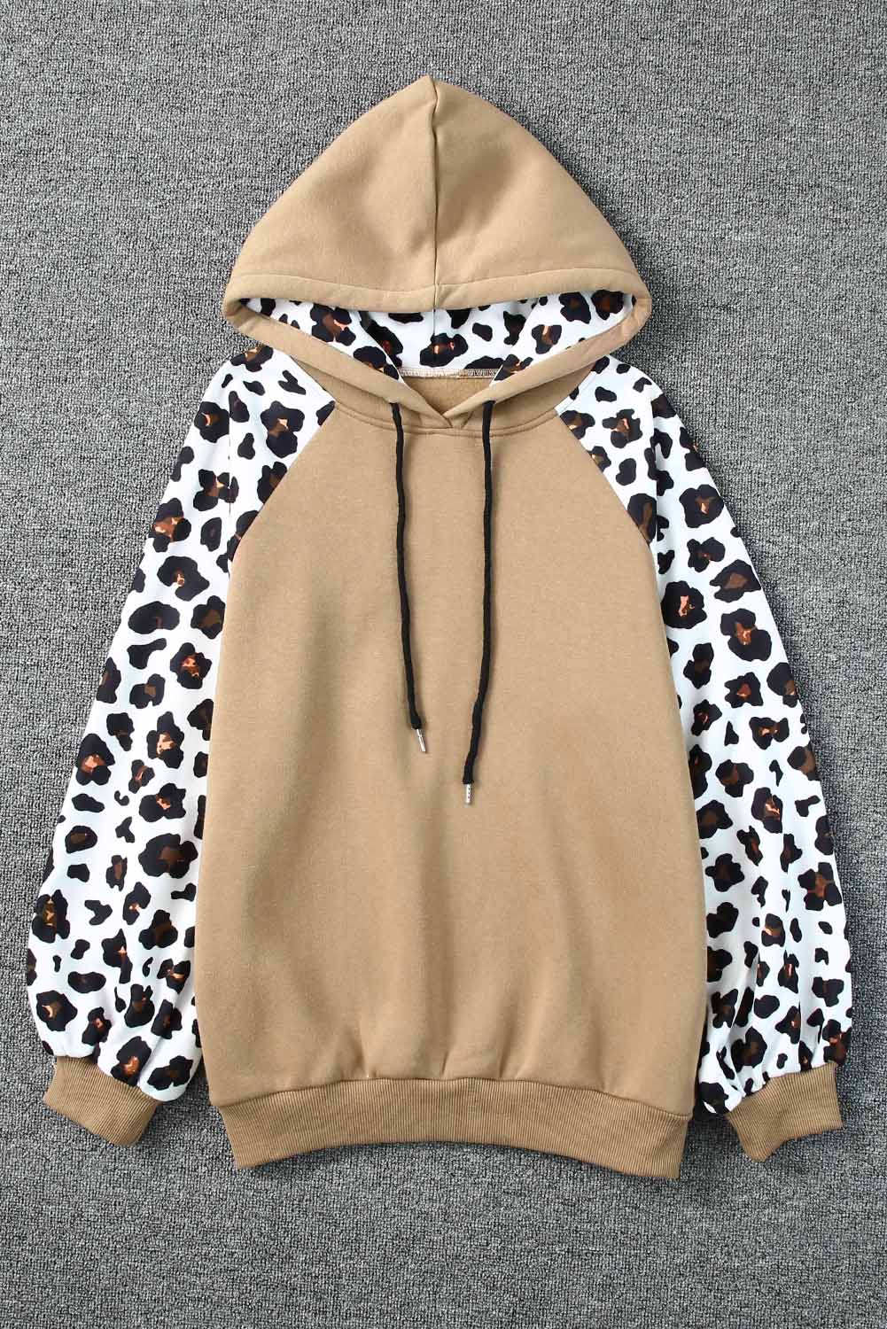 Khaki Leopard Bishop Sleeve Drawstring Hoodie