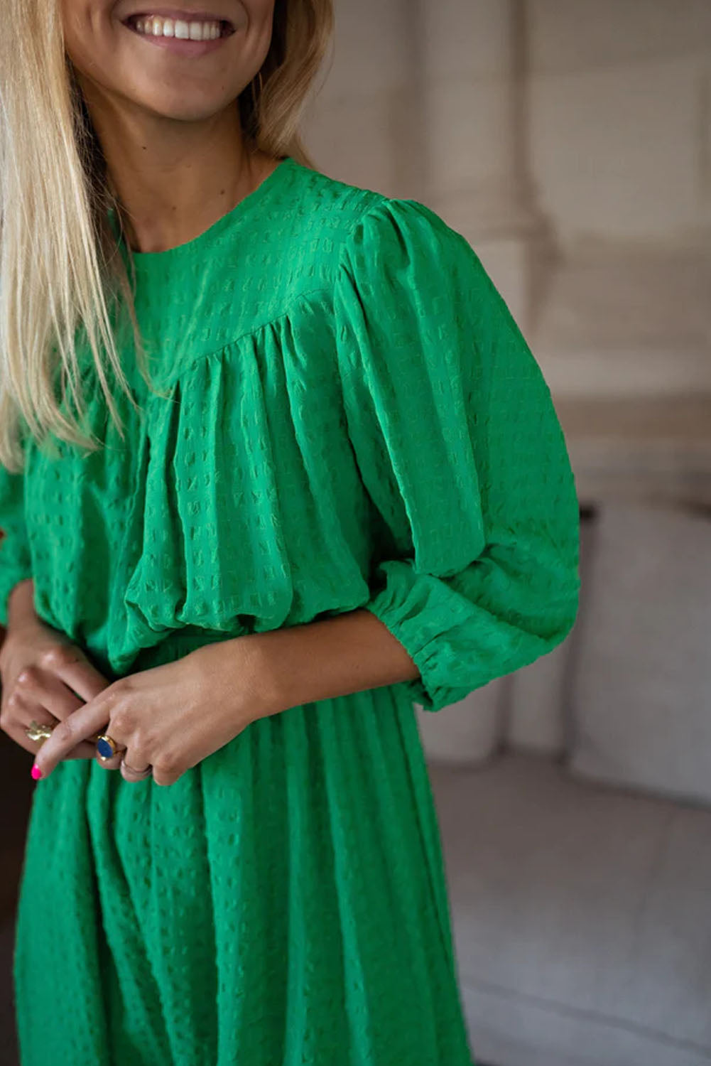 STORMY Green Round Neck Puff Sleeve Mini Dress