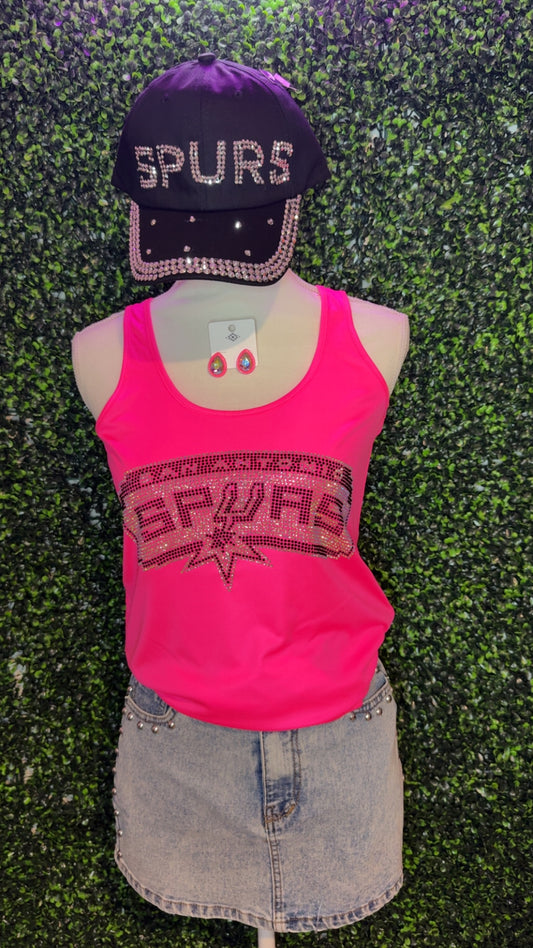 Neon Pink Rhinestone Spurs RacerBack Tank Top