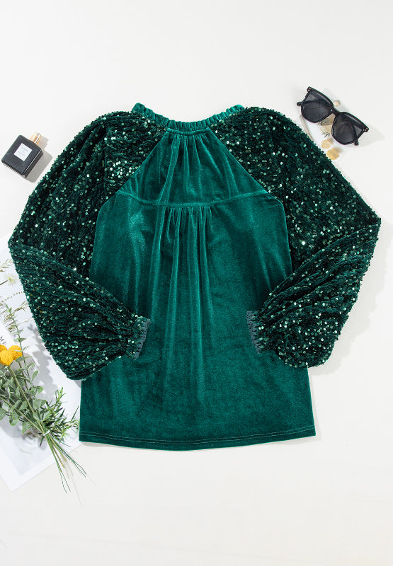 Pre-Order Sequin Notched Long Sleeve Blouse