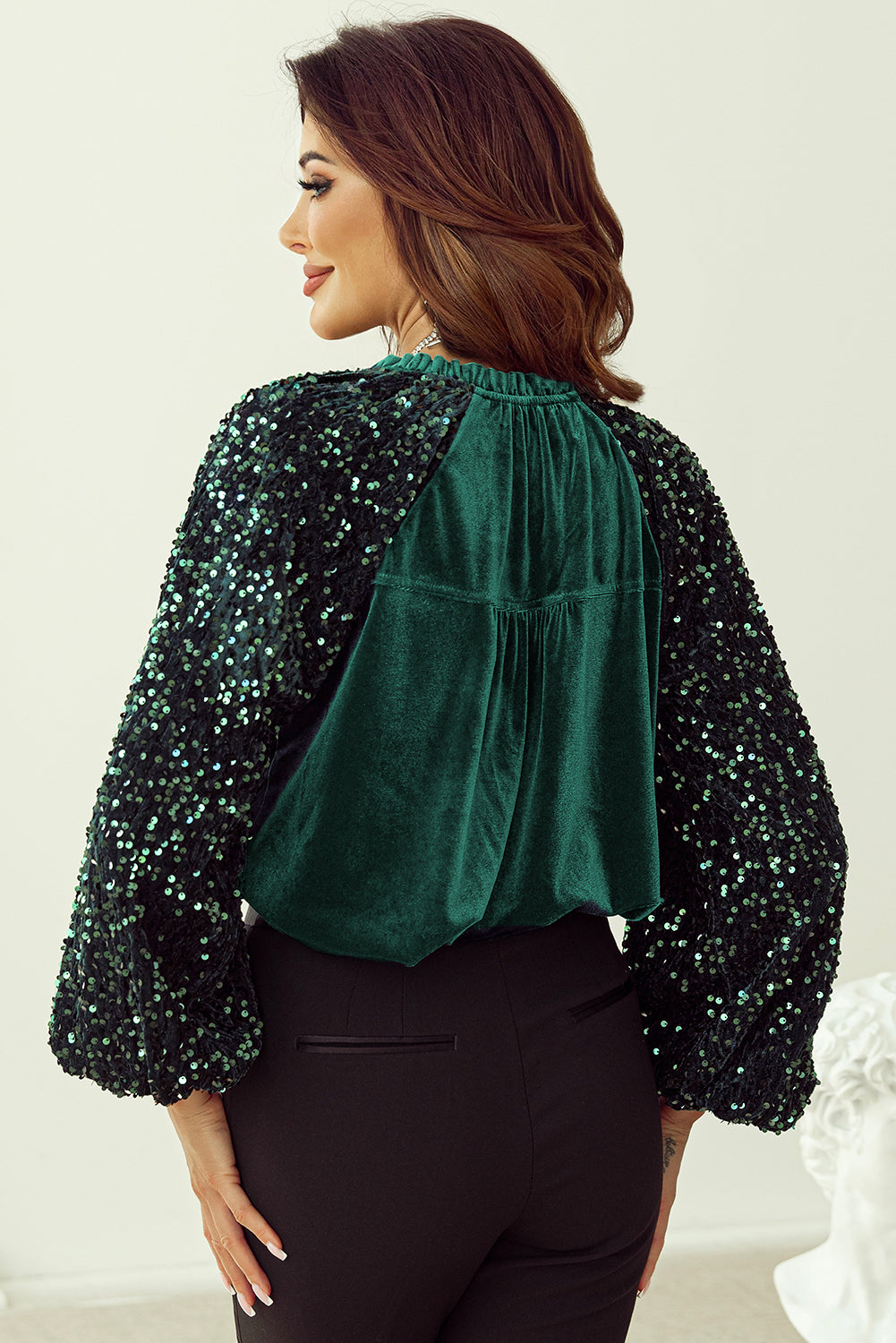 Pre-Order Sequin Notched Long Sleeve Blouse