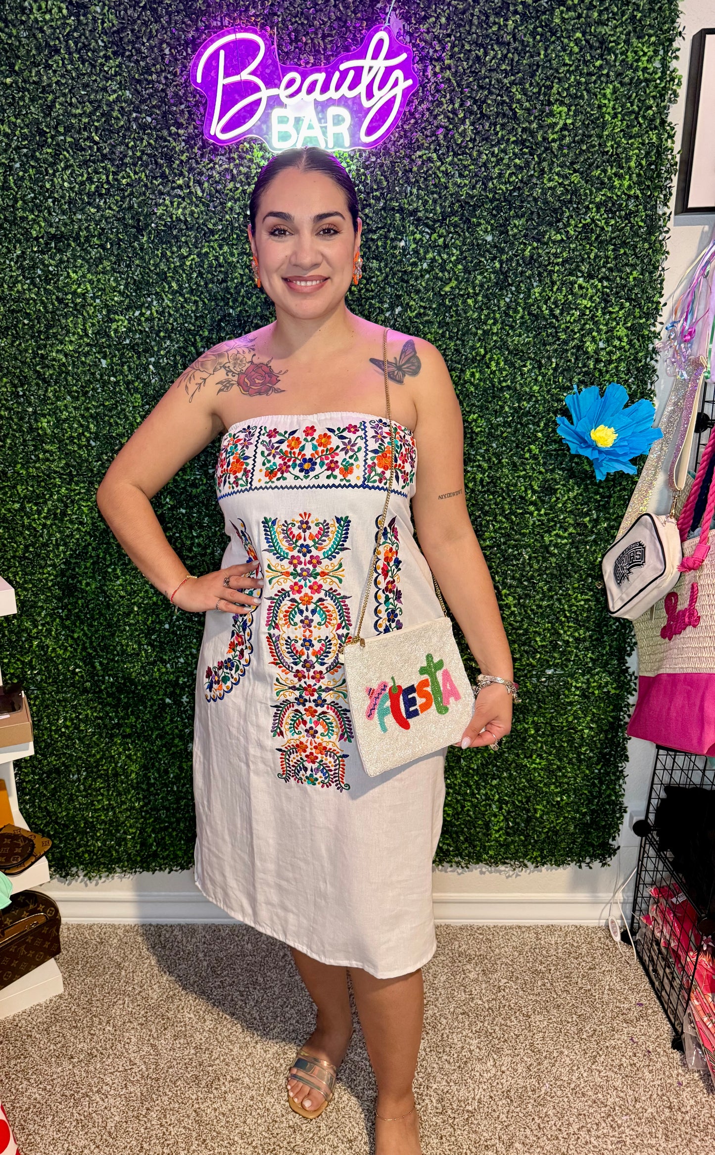 Fiesta Floral Strapless/ Halter Dress- White