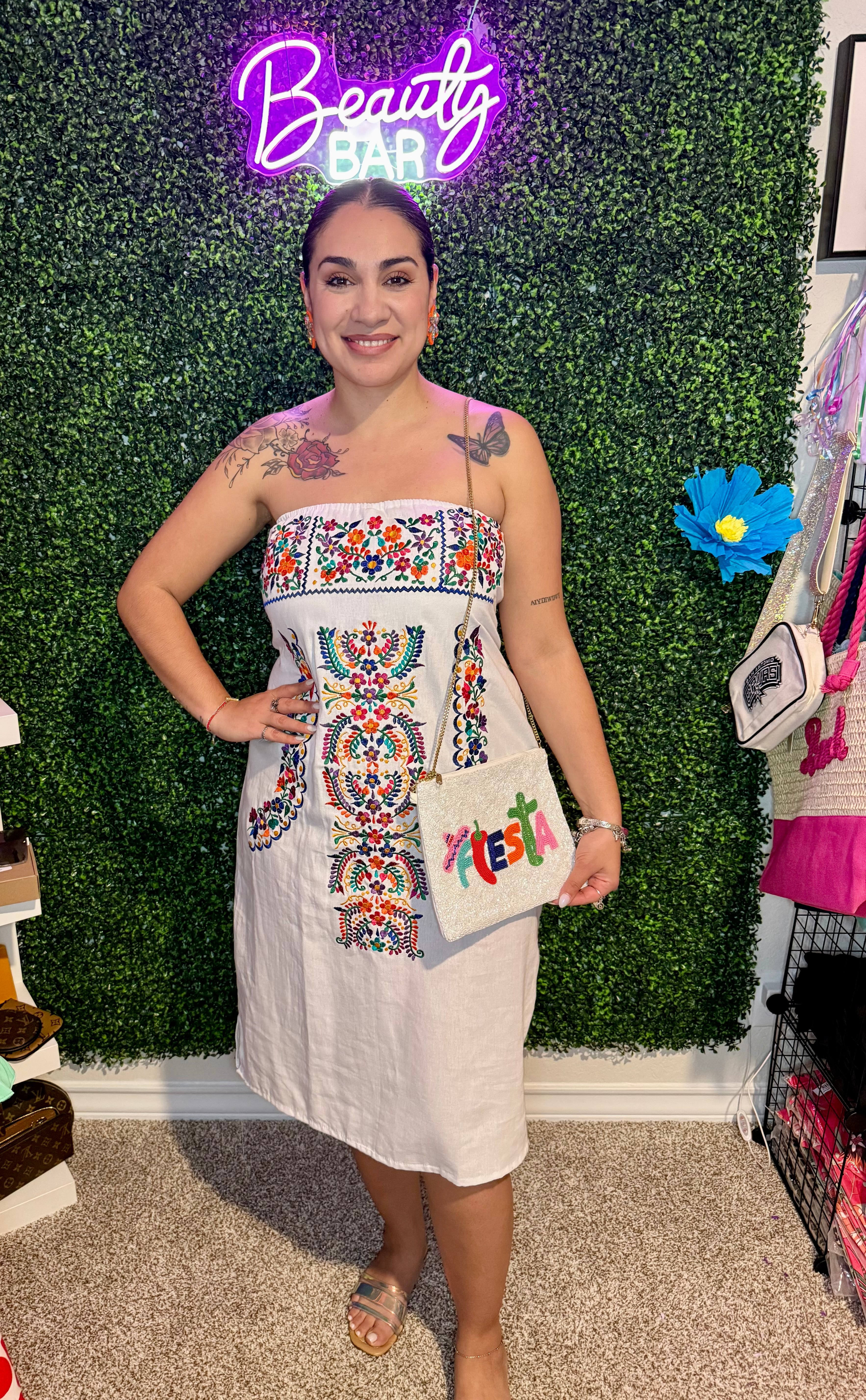 Fiesta Floral Strapless/ Halter Dress- White