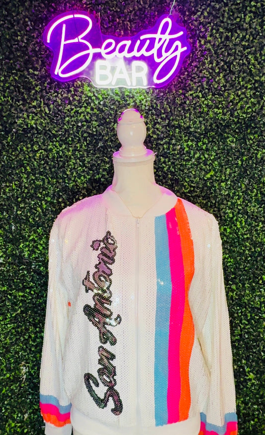 Spurs Sequin Bomber Jacket- White