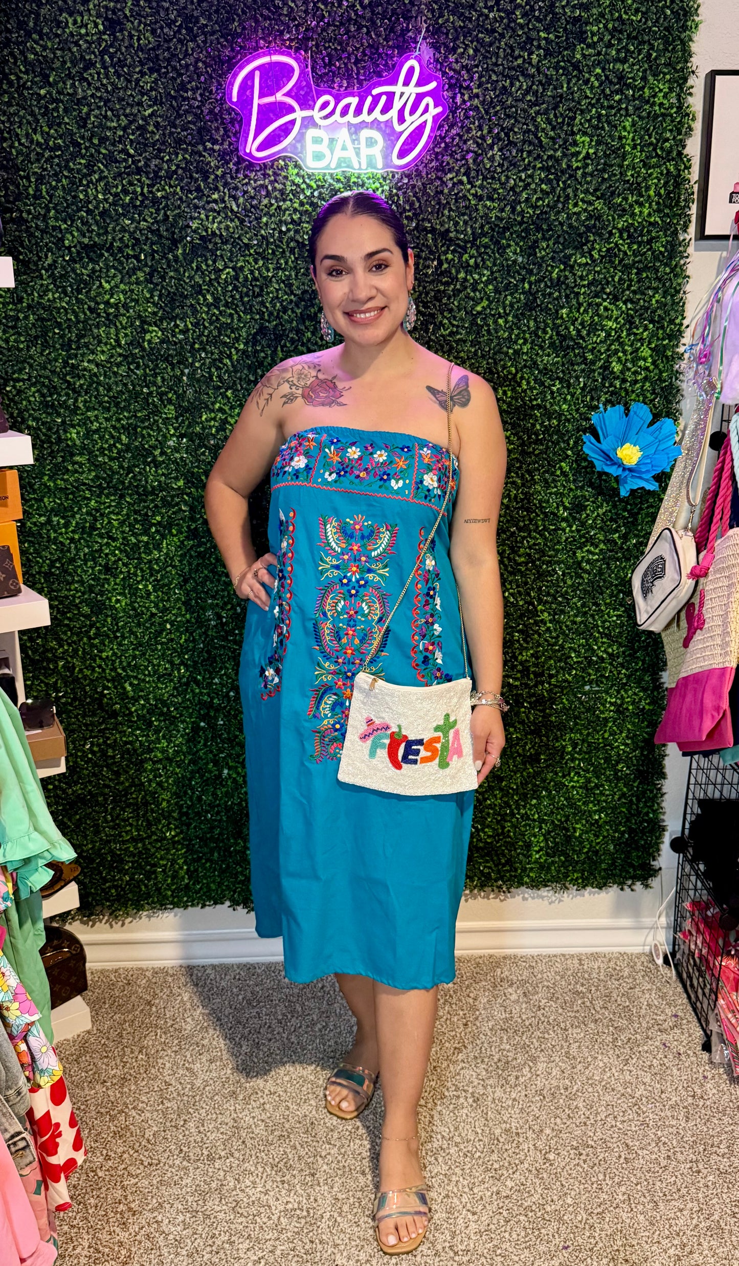 Fiesta Floral Strapless/ Halter Dress- Turquoise