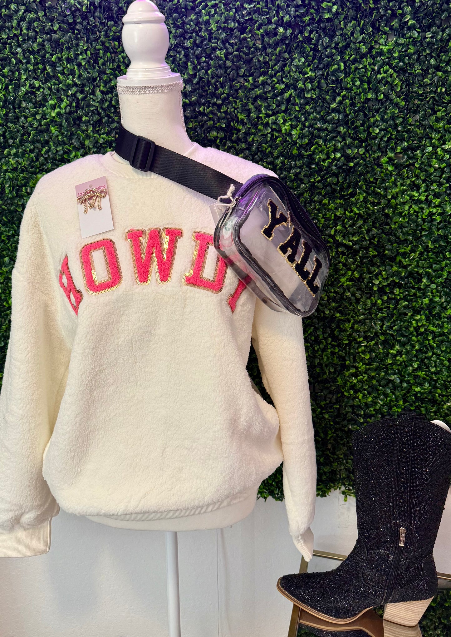 HOWDY Patched Round Neck Sherpa Sweatshirt