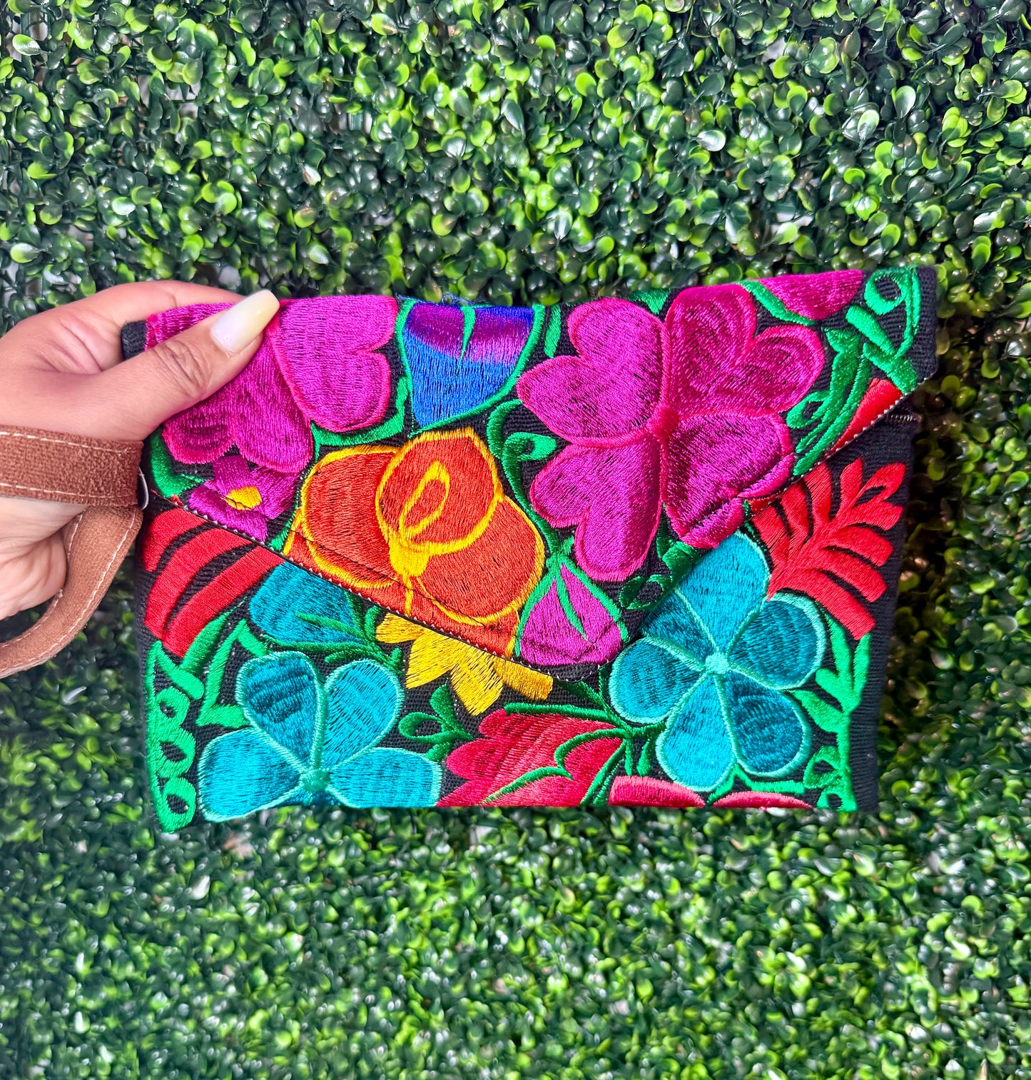 Fiesta Floral Embroidered Large Wristlet- Black