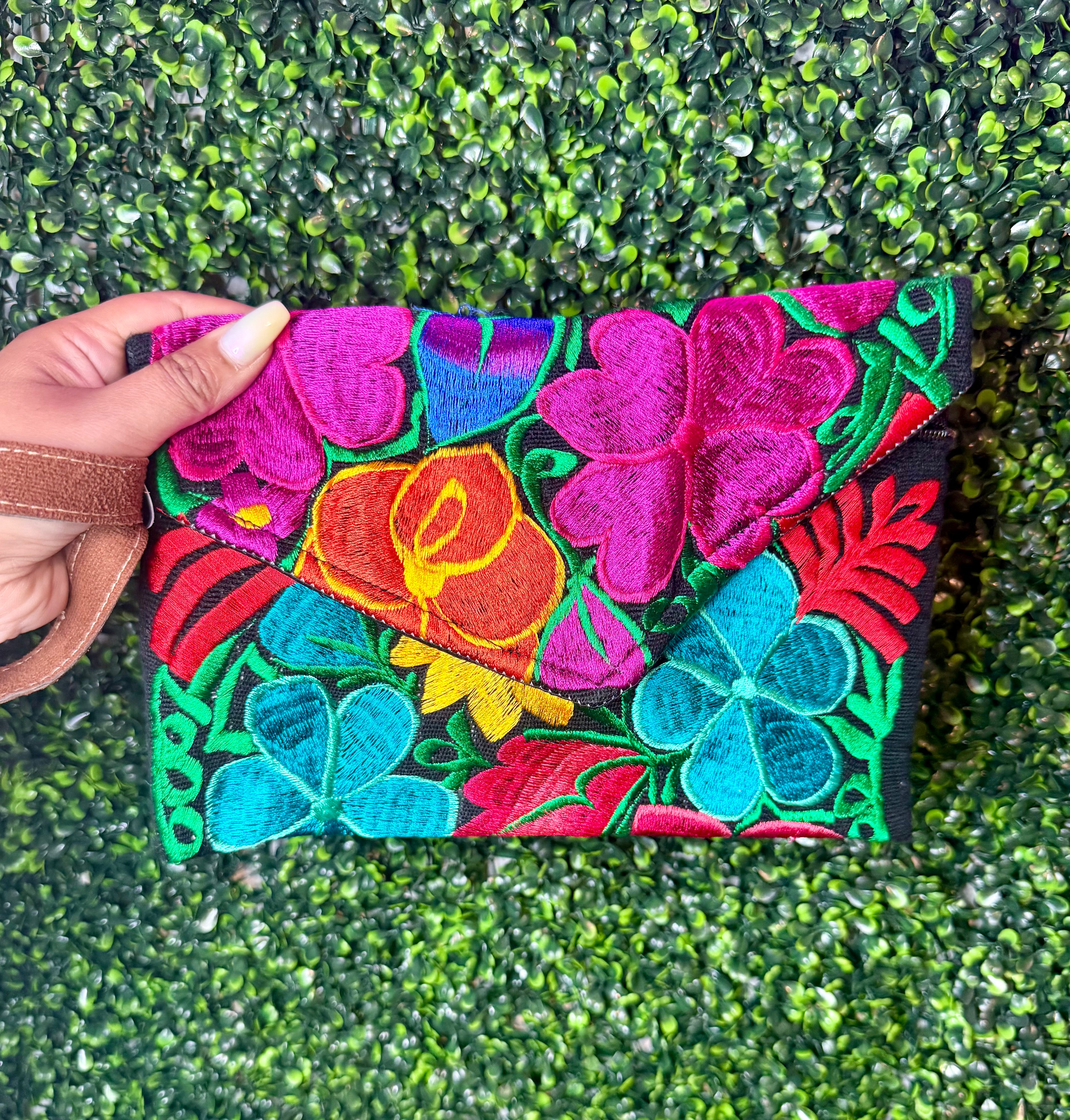Fiesta Floral Embroidered Large Wristlet- Black