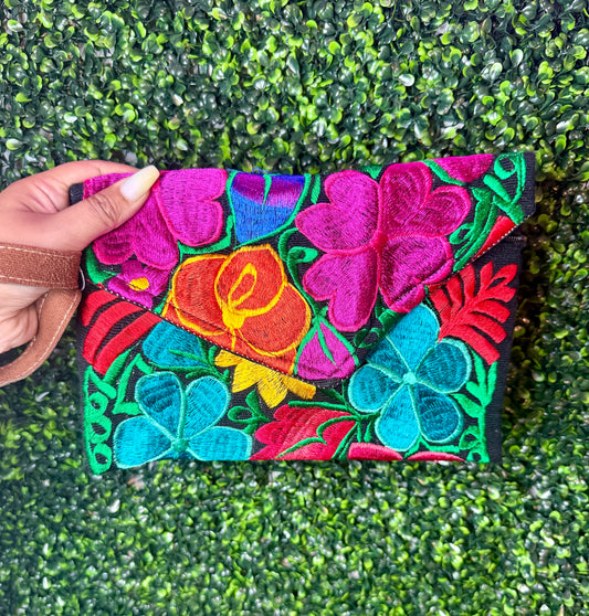 Fiesta Floral Embroidered Large Wristlet- Black
