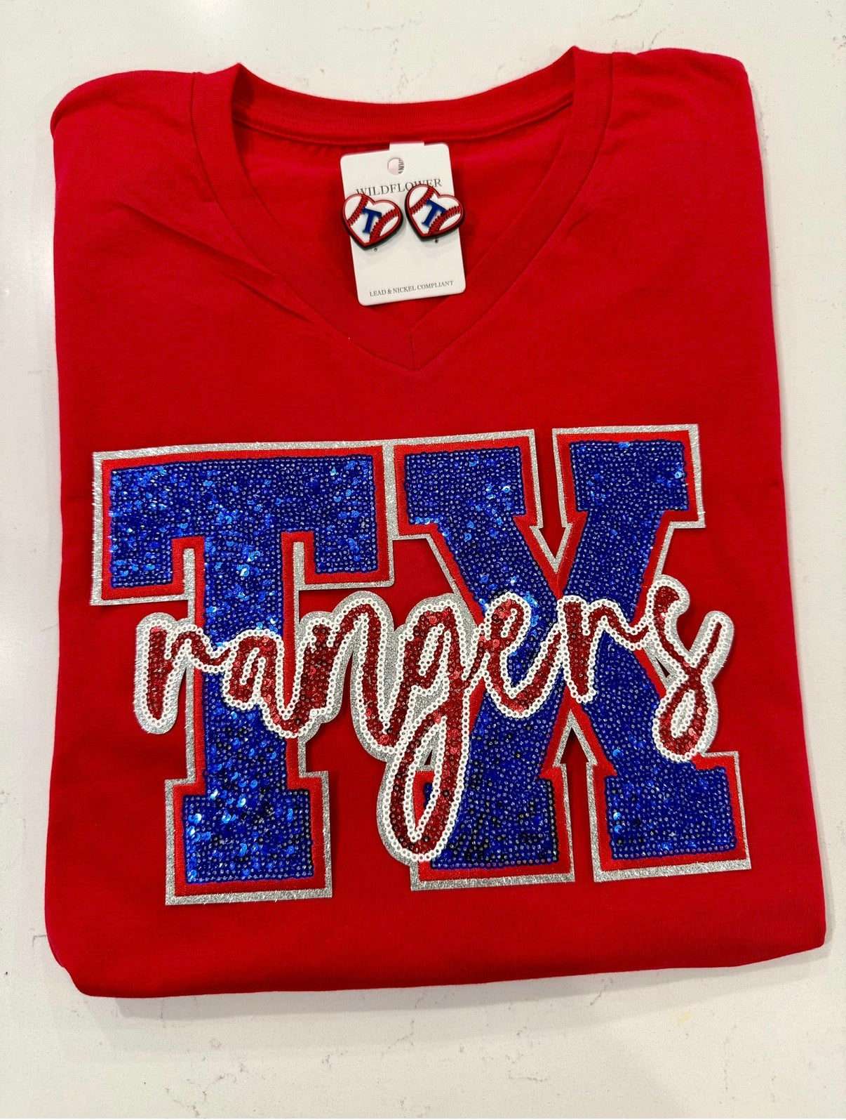 TX Rangers Game Day Sequin V- Neck