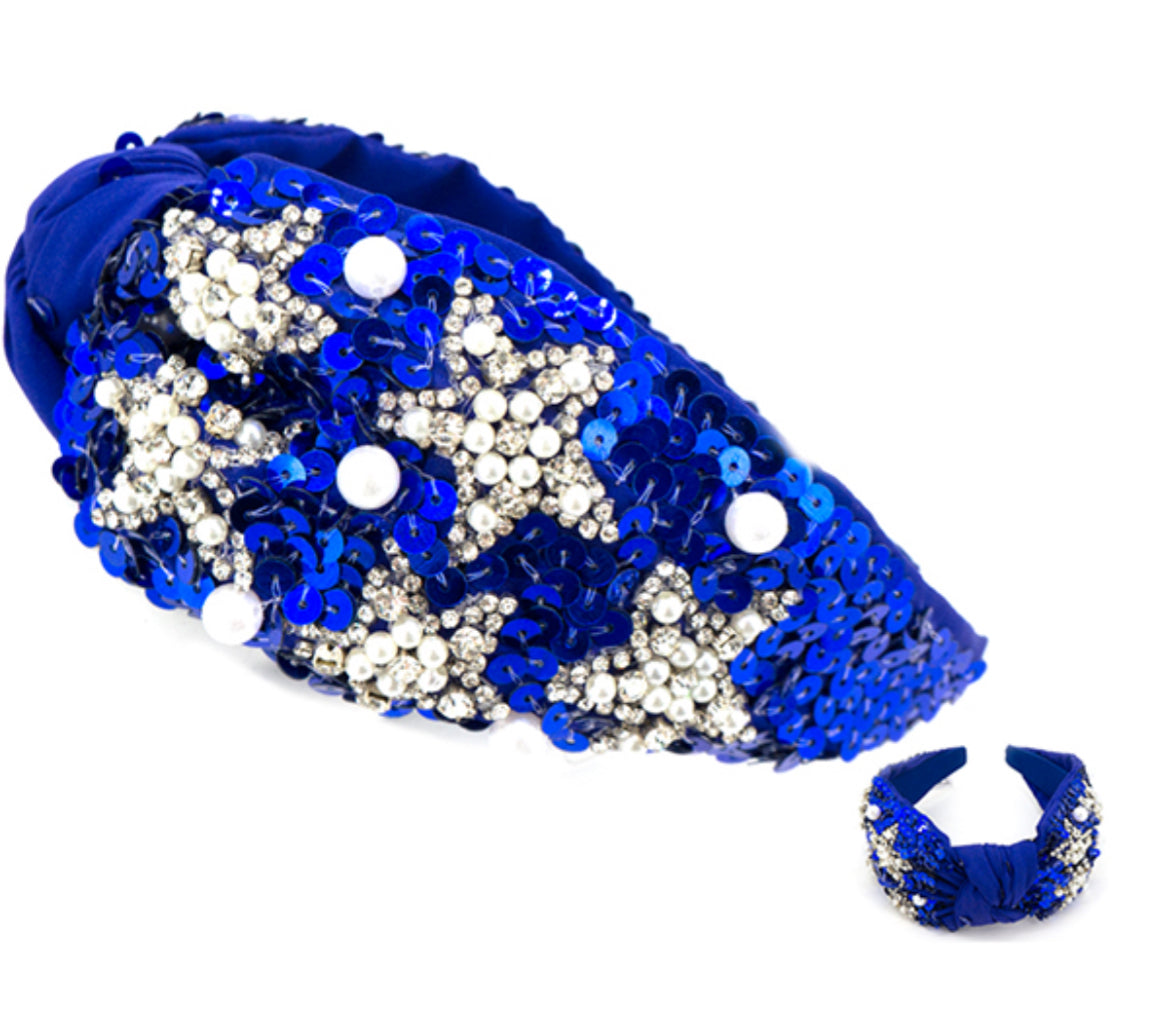 Blue Sequin Silver Star Headband