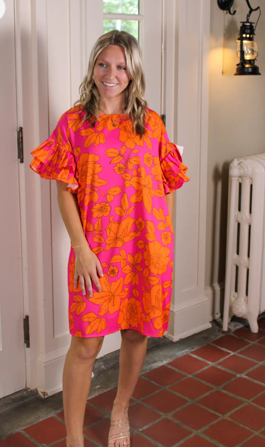 Pink and Orange Floral Ruffle Dress