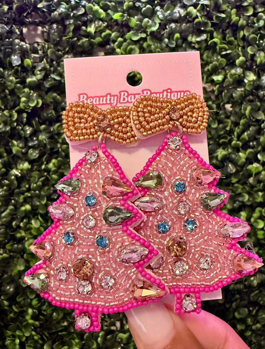 Pink Christmas Tree Earrings