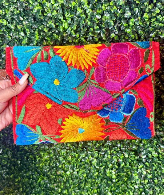 Fiesta Floral Embroidered Large Wristlet- Orange