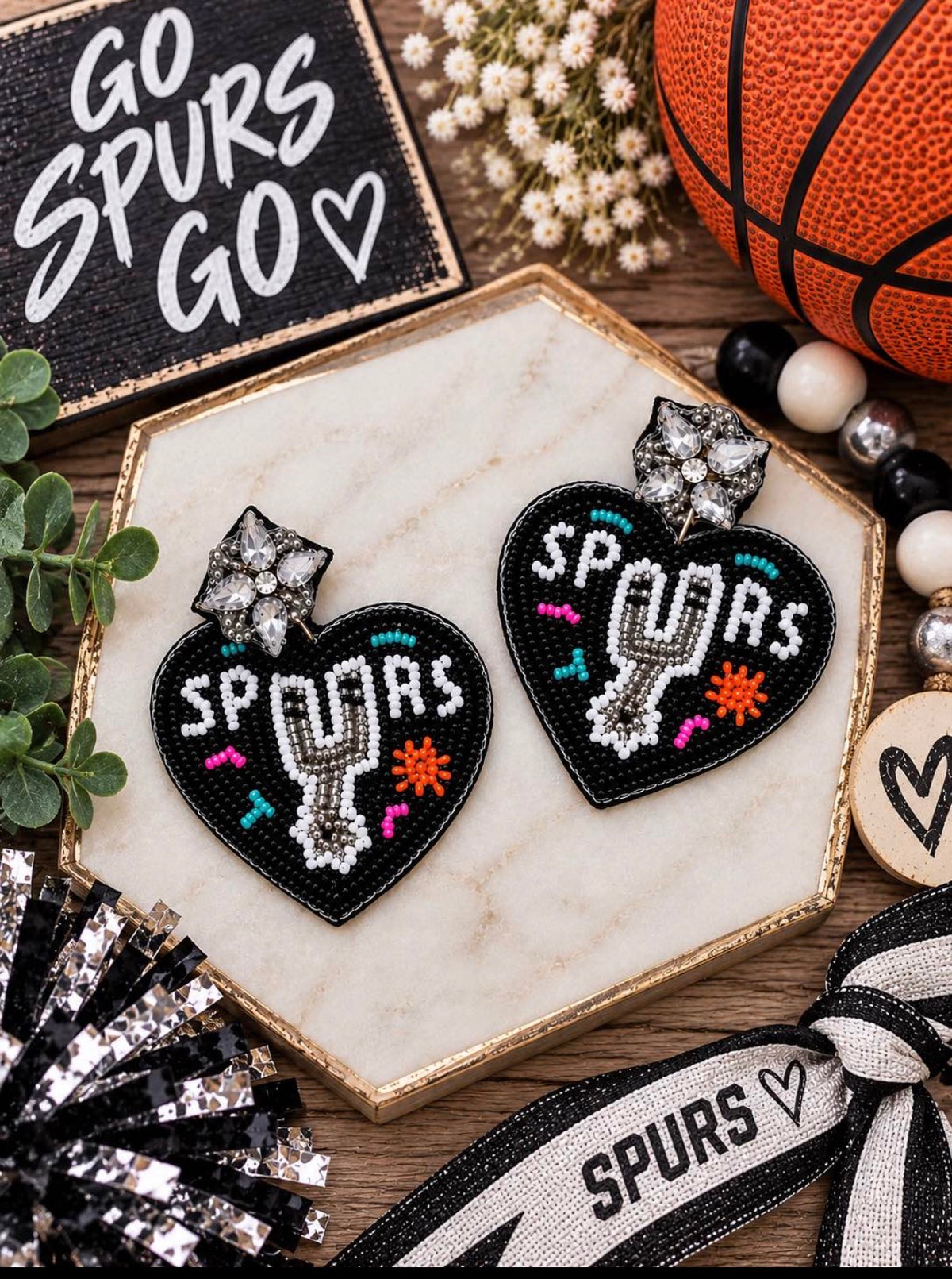 Love My Spurs Heart Beaded Earrings