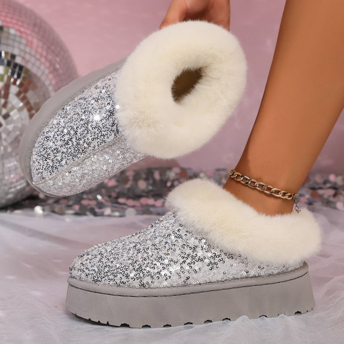 Plush Trim Sequin Platform Boots