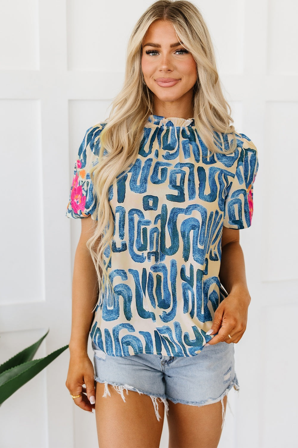 Tropical Day Embroidered Sleeve Blouse