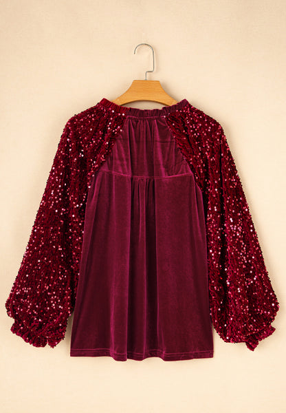 Pre-Order Sequin Notched Long Sleeve Blouse