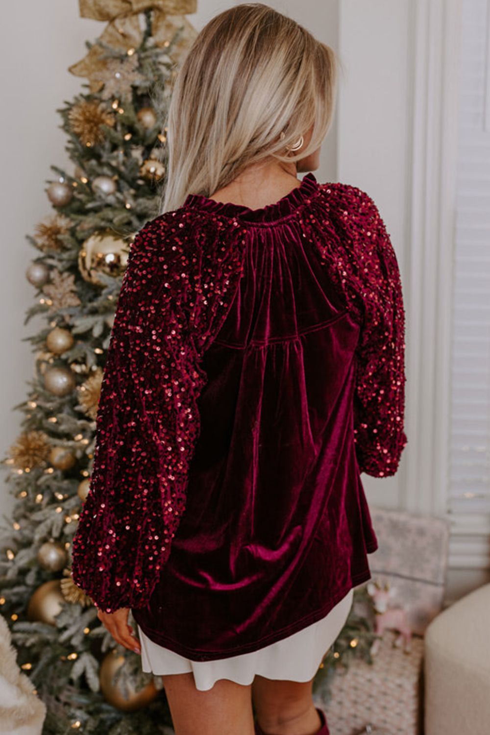 Pre-Order Sequin Notched Long Sleeve Blouse