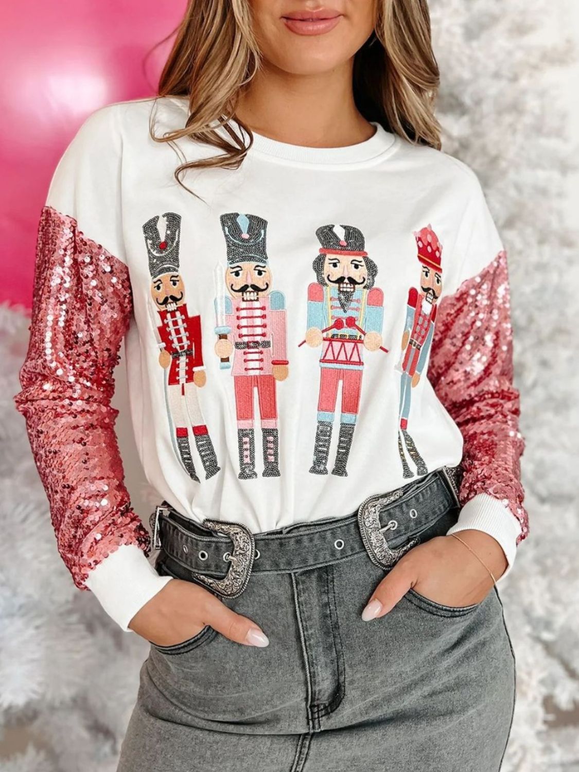 Sequin Nutcracker Round Neck Long Sleeve Sweatshirt