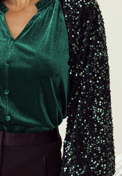 Pre-Order Sequin Notched Long Sleeve Blouse