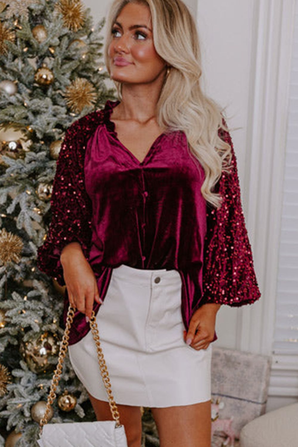 Pre-Order Sequin Notched Long Sleeve Blouse