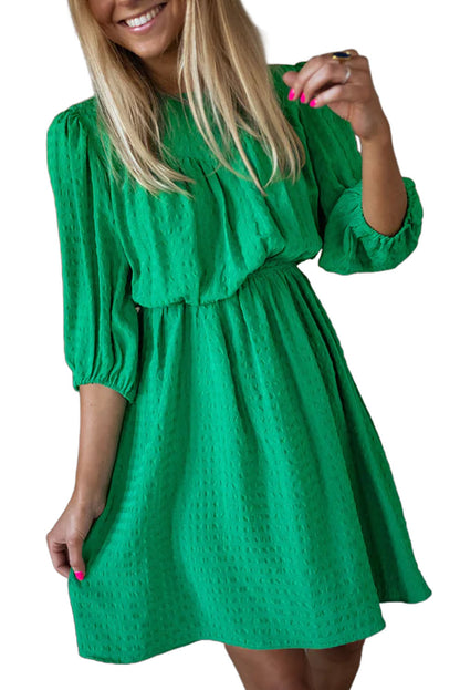 STORMY Green Round Neck Puff Sleeve Mini Dress