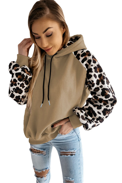 Khaki Leopard Bishop Sleeve Drawstring Hoodie