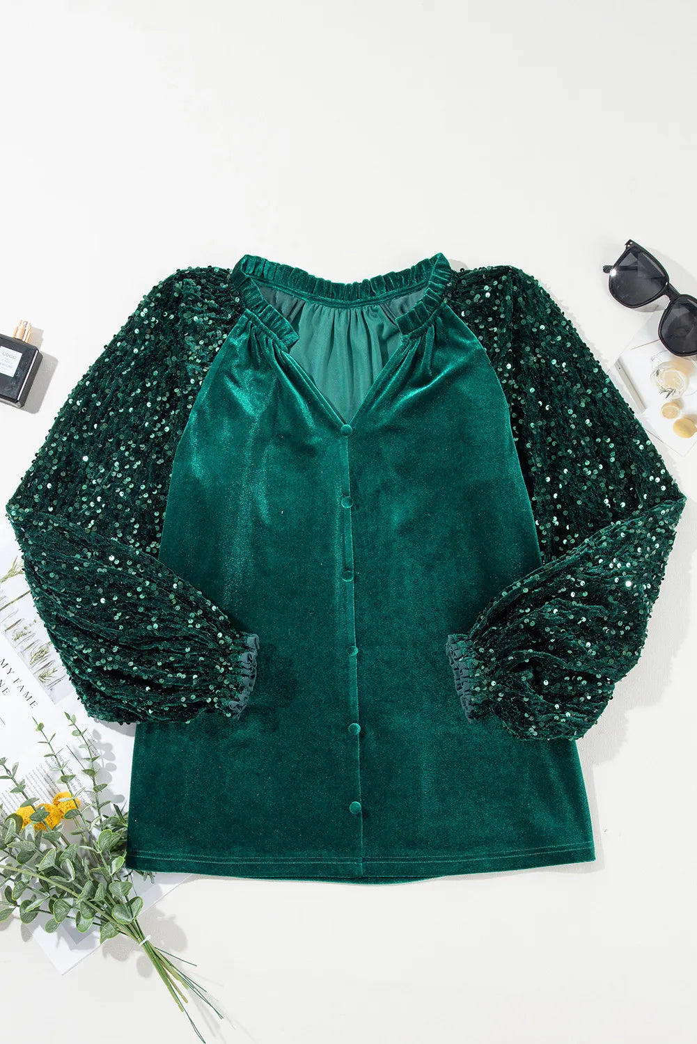 Sequin Velvet Long Sleeve Blouse