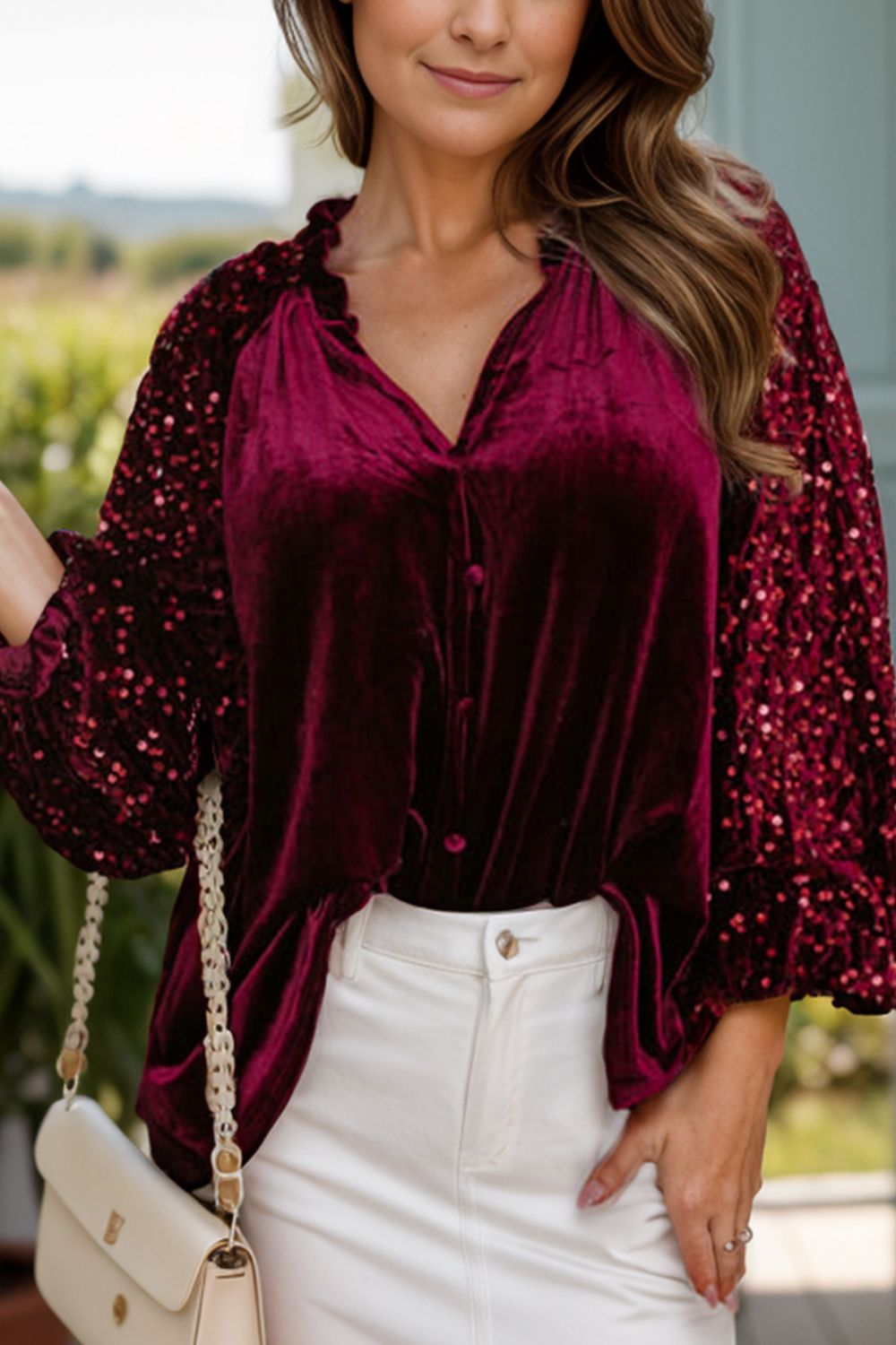 Sequin Velvet Long Sleeve Blouse