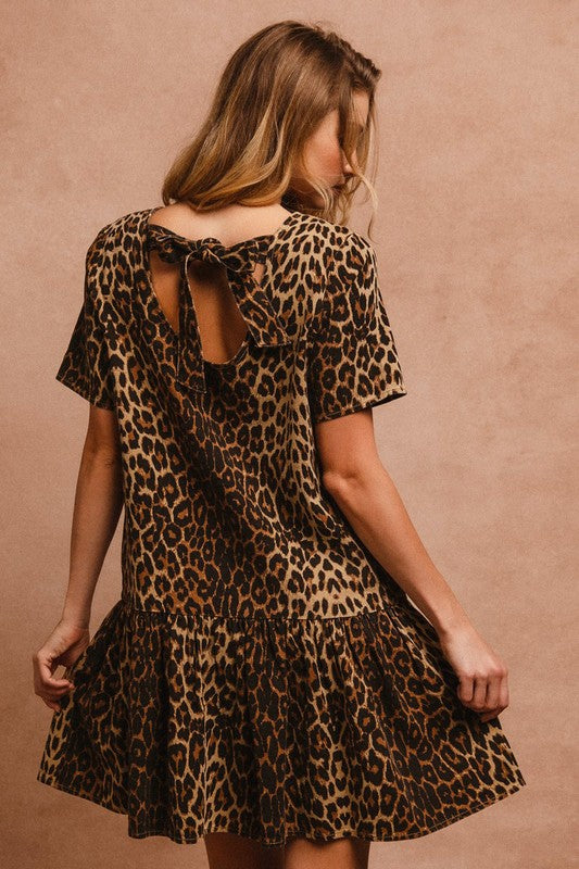 BiBi Tie Back Leopard Round Neck Short Sleeve Dress