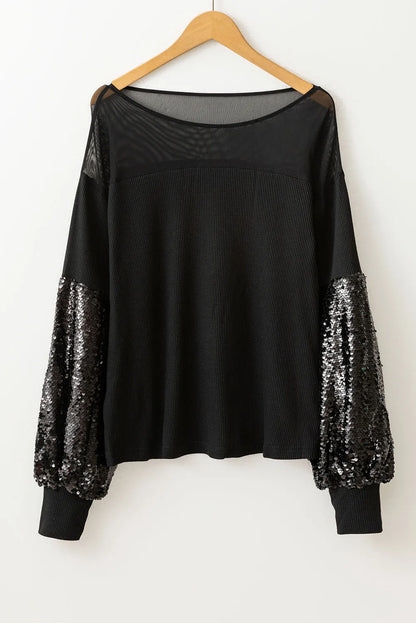 Sequin Boat Neck Long Sleeve Blouse