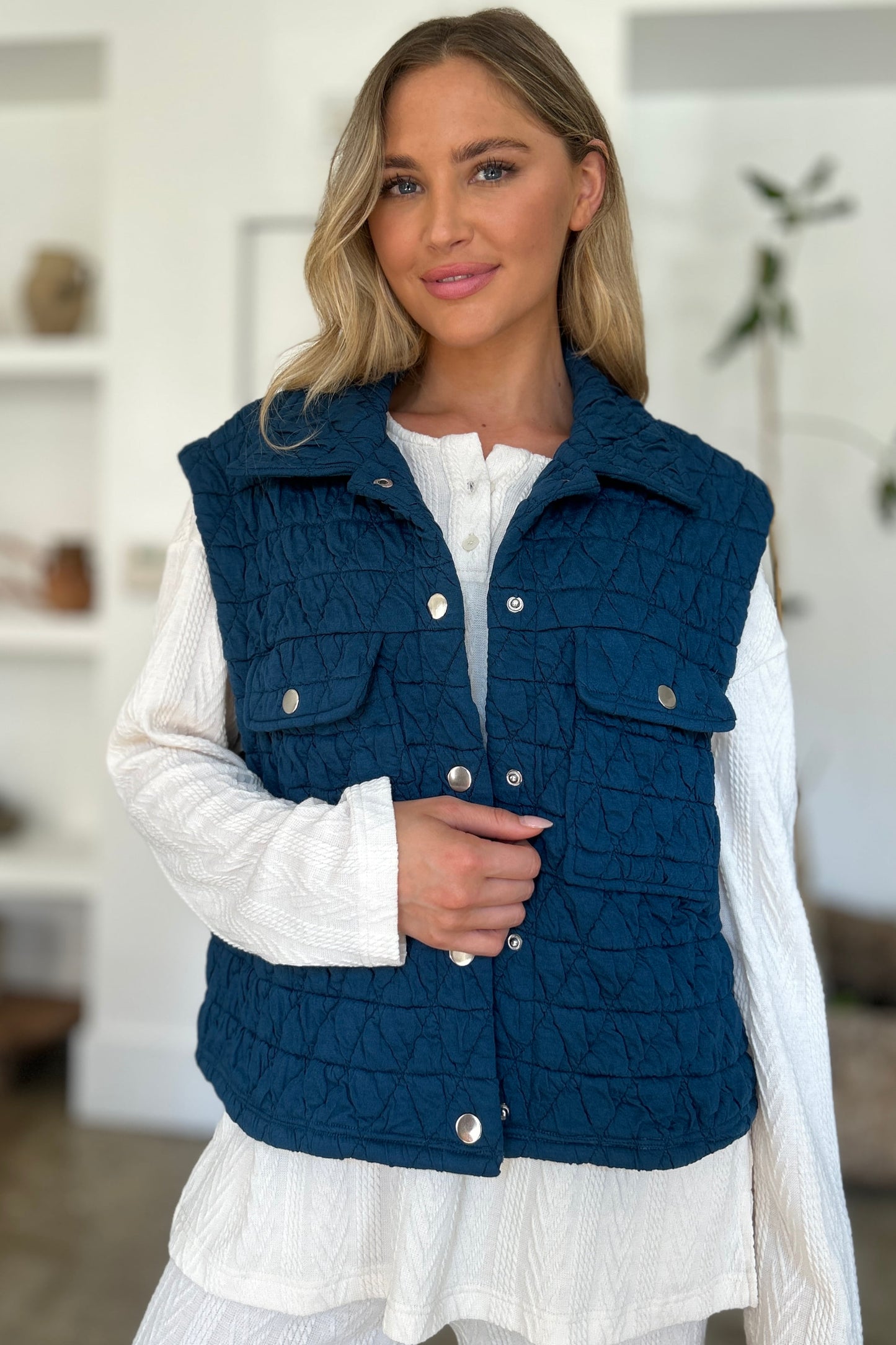 Double Take Full Size Pocketed Texture Snap Down Vest Coat