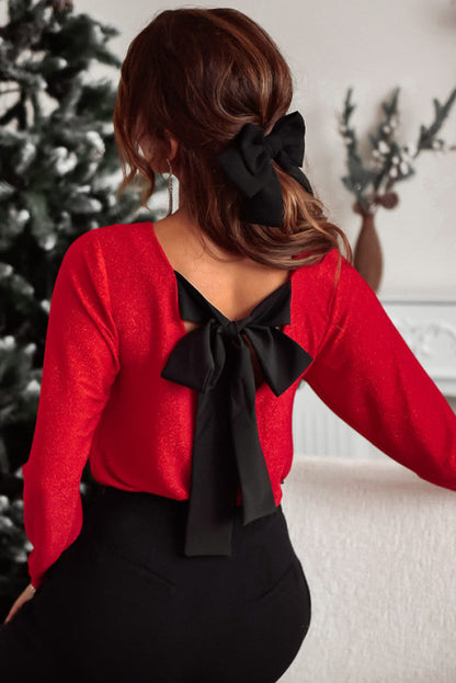 Pre-Order Bowknot V-Neck Long Sleeve Blouse